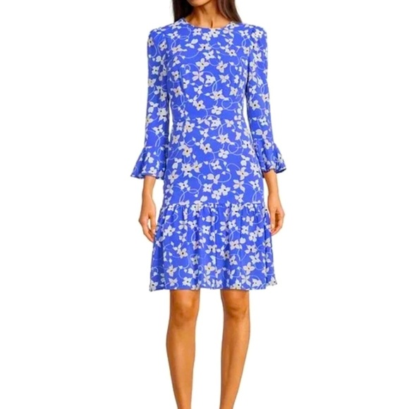 Eliza J / Floral Print Flounce Dress in Blue White / Womens Size 8 - Picture 1 of 9